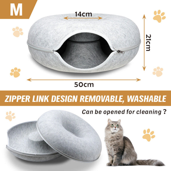 Medium Cat Tunnel Bed Light Grey Felt Pet Puppy Nest Cave House Interactive Toy Pet Beds
