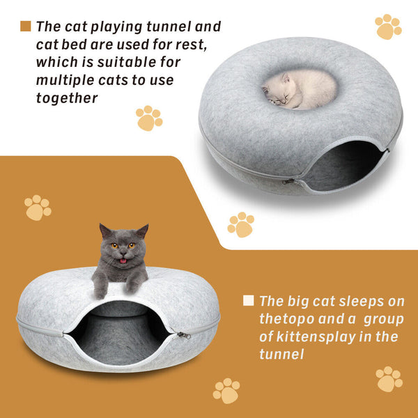 Medium Cat Tunnel Bed Light Grey Felt Pet Puppy Nest Cave House Interactive Toy Pet Beds
