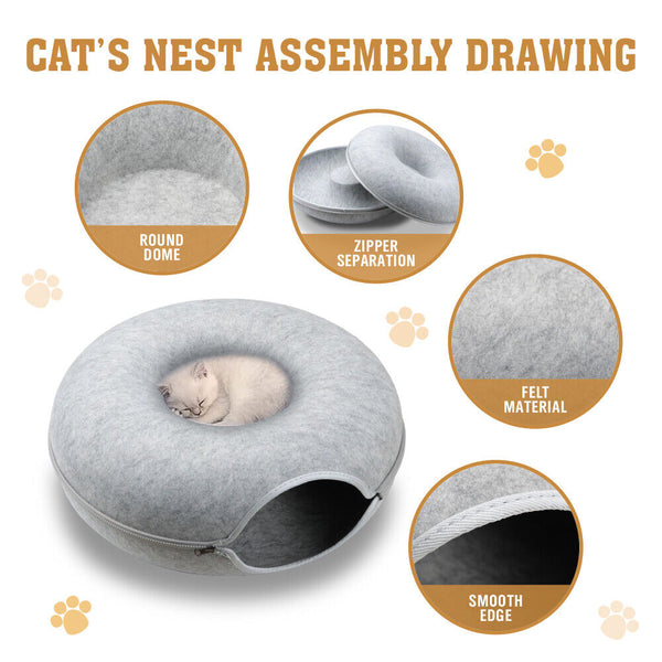 Medium Cat Tunnel Bed Light Grey Felt Pet Puppy Nest Cave House Interactive Toy Pet Beds