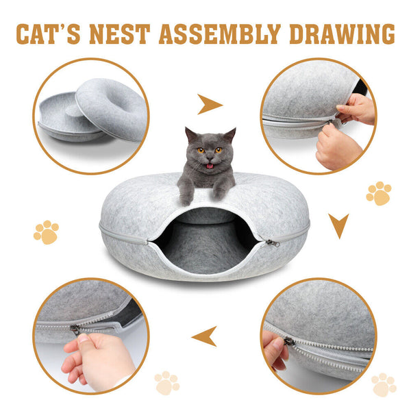 Medium Cat Tunnel Bed Light Grey Felt Pet Puppy Nest Cave House Interactive Toy Pet Beds