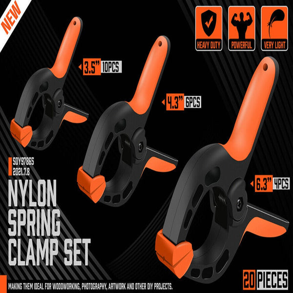 20Pc Spring Clamps Set Heavy Duty Nylon Clips 3 Sizes Non Slip Grip Tpr Handle Clamps & Vices