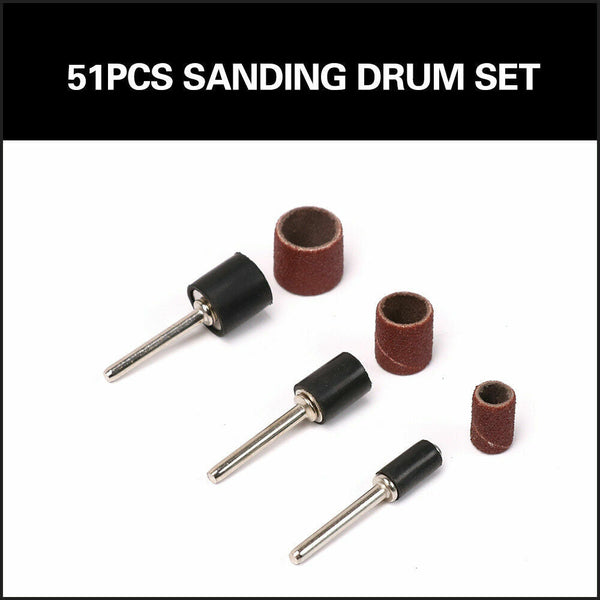 Horusdy 51Pc Sanding Bands Drum Sleeve Set 120 Grits Mandrel Dremel Rotary Kit 3Mm Shank Sanders