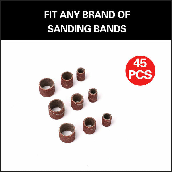Horusdy 51Pc Sanding Bands Drum Sleeve Set 120 Grits Mandrel Dremel Rotary Kit 3Mm Shank Sanders