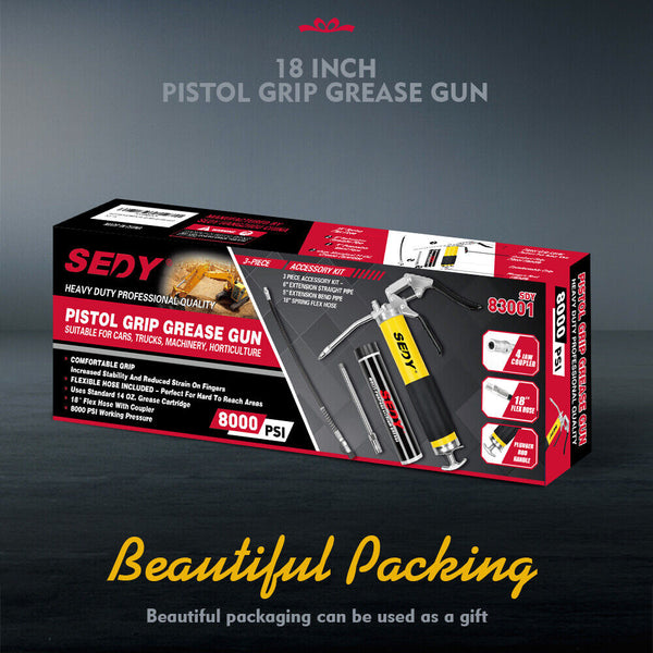 Horusdy 18Inch Grease Gun 8000Psi Pistol Grip Flex Hose Heavy Duty Barrel With Cartridge Grease Guns