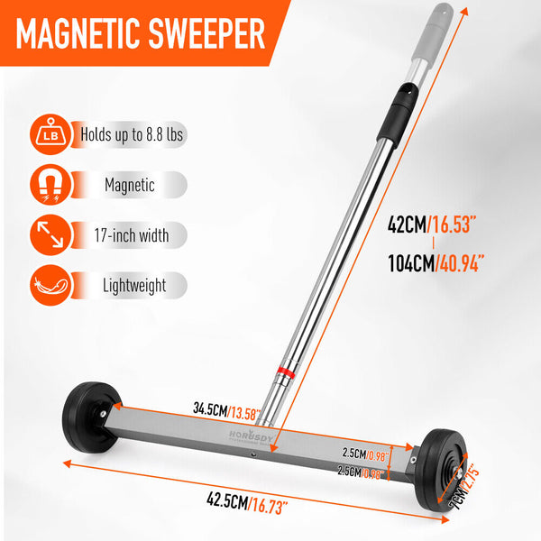 17Inch Telescoping Magnetic Sweeper Broom Rolling Pick Up 8.8Lbs Portable