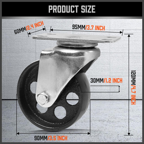4Pc 3.5'' Heavy Duty Steel Castor Wheel Swivel Caster 500Kg/Ea Loading Capacity Castor Wheels
