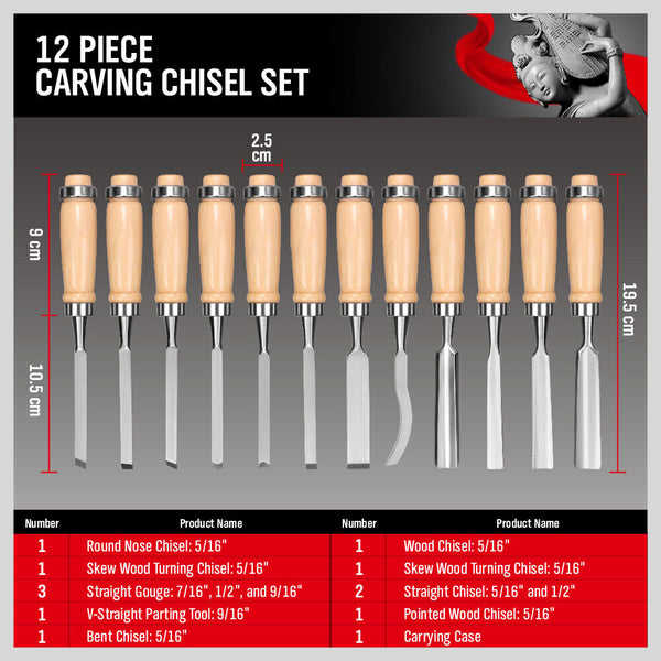 12Pc Wood Carving Chisel Set Knife High Carbon Steel Woodworking Rolling Pouch Wood Carving Kits