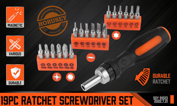 Horusdy 19 Pcs Ratchet Precision Screwdriver Bits Set Slotted Phillips Tox Hex Screwdrivers & Nutdrivers