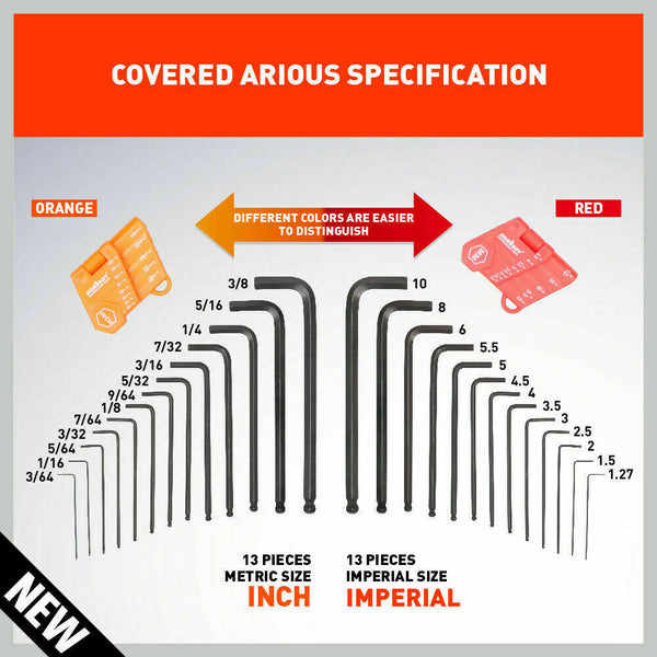 Horusdy 26Pc Allen Wrench Set Ball End Long Arm Hex Key Metric & Imperial With Holders Hex Keys & Hex Wrenches