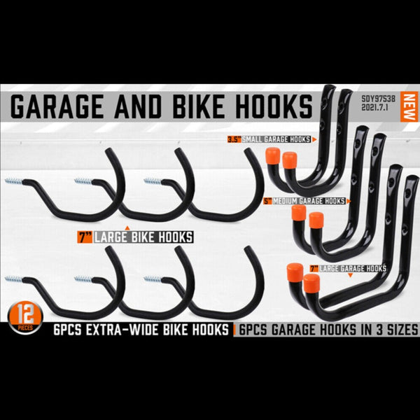 12Pc Wall Mount Hooks Set Heavy Duty Steel Garage Storage Rack Utility Hangers Hooks & Hangers