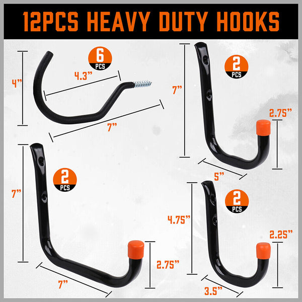 12Pc Wall Mount Hooks Set Heavy Duty Steel Garage Storage Rack Utility Hangers Hooks & Hangers