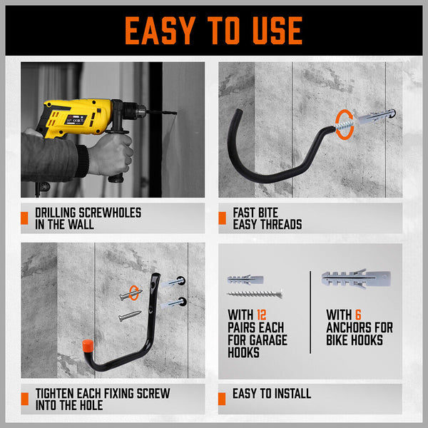 12Pc Wall Mount Hooks Set Heavy Duty Steel Garage Storage Rack Utility Hangers Hooks & Hangers