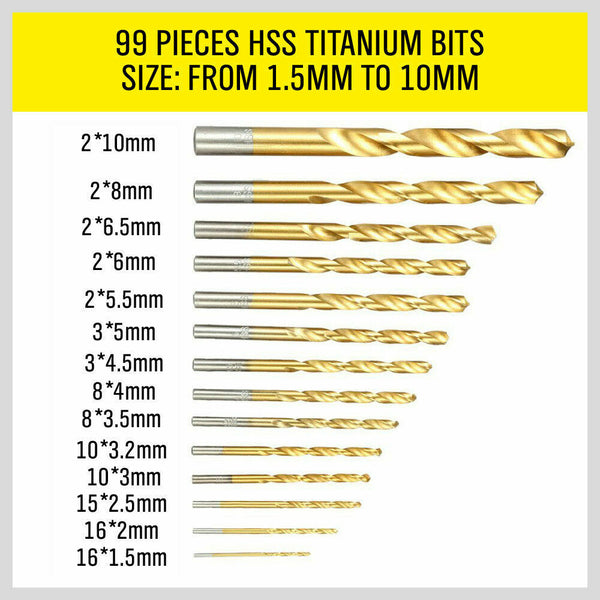 99Pc Drills Set Titanium Coated Wood Plastic Metal Metric 1.5-10Mm With Case