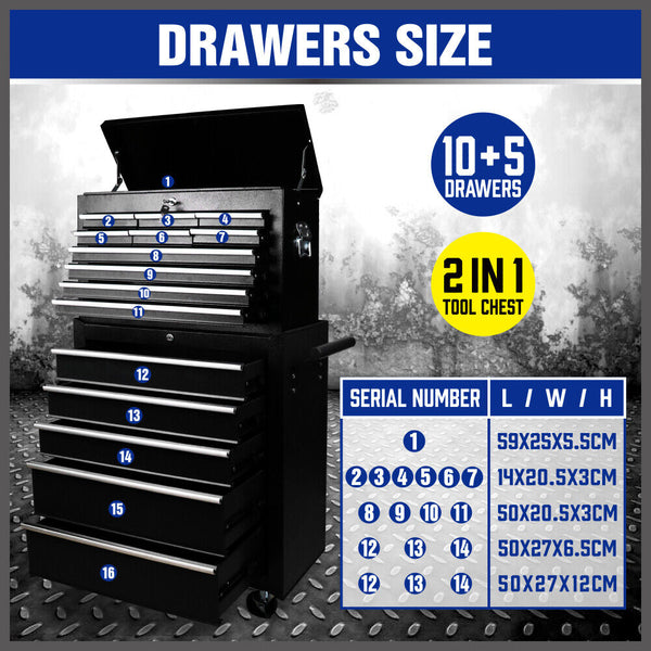15-Drawer Tool Box Trolley Cabinet Lockable Storage Cart Garage Toolbox Organizer System