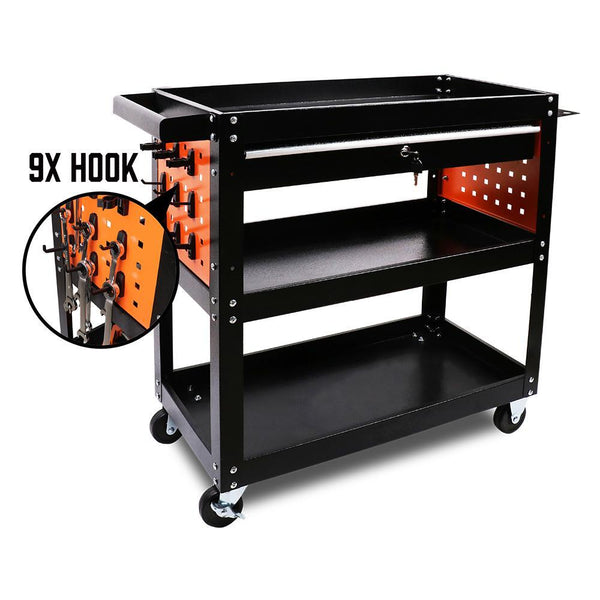 Horusdy Single Drawer Tool Storage Trolley Workshop Cart Chest Cabinet With Pegboard Hooks And Lockable Wheels Tool & Equipment Trolleys
