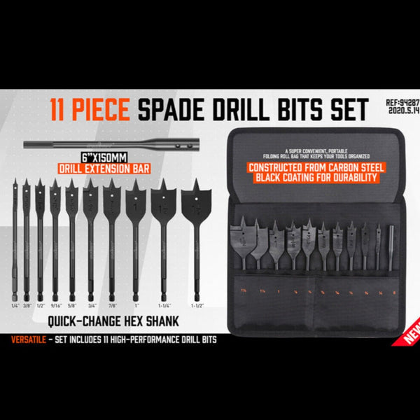 11Pc Spade Drill Bit Set & Extension Flat Wood Boring With Hex Key + Carry Pouch