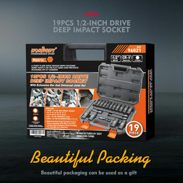 19Pc Deep Socket Set Impact 1/2" Drive Extension Bars Flexible Adapter 10-24Mm
