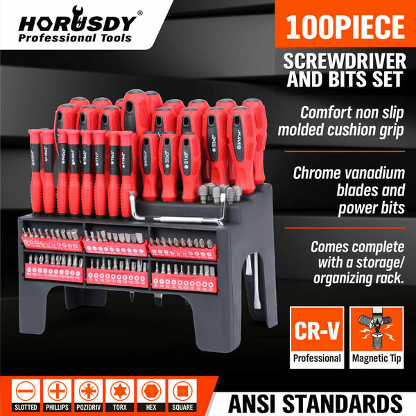 Horusdy 100Pc Screwdriver Set Ratchet Handle Socket Slot Pozi Hex Star Square Bits Rack Screwdrivers & Nutdrivers