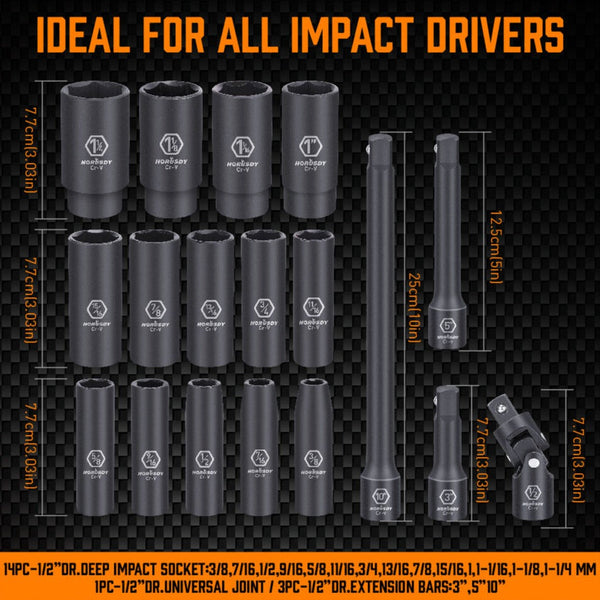 18Pc Deep Impact Socket Set Imperial / Sae Extension Flexible Adaptor 1/2" Drive