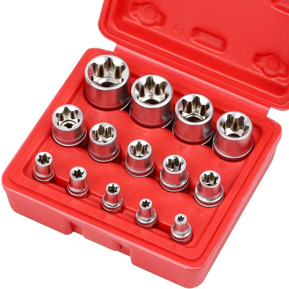 Sedy 14Pc E Torx Socket Set Female Start Bit External Hex Torque E4 E24 With Case Socket Wrenches