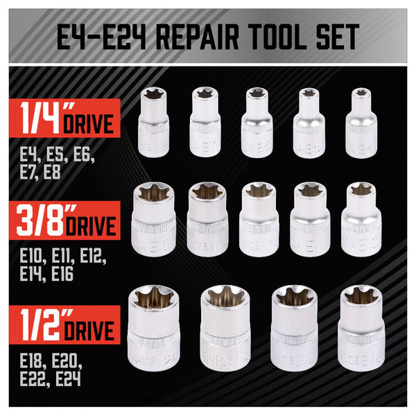 Sedy 14Pc E Torx Socket Set Female Start Bit External Hex Torque E4 E24 With Case Socket Wrenches