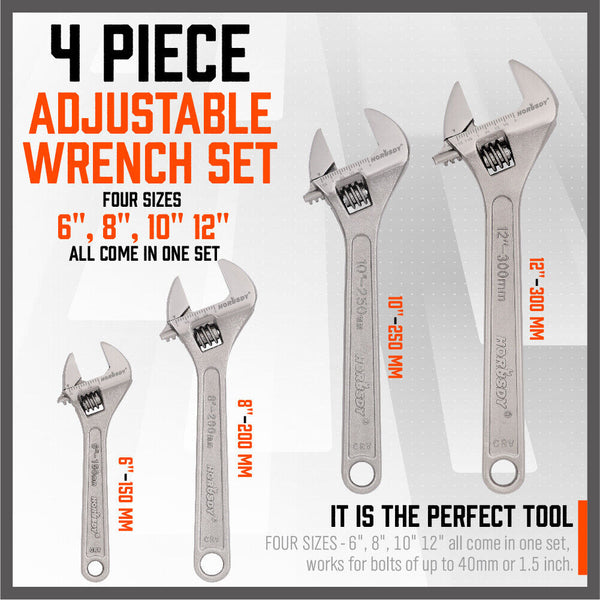 Horusdy 4Pc Wrench Set Heavy Duty Shifter Spanner Wide Open Jaw 6"/8"/10"/12" Wrench Sets