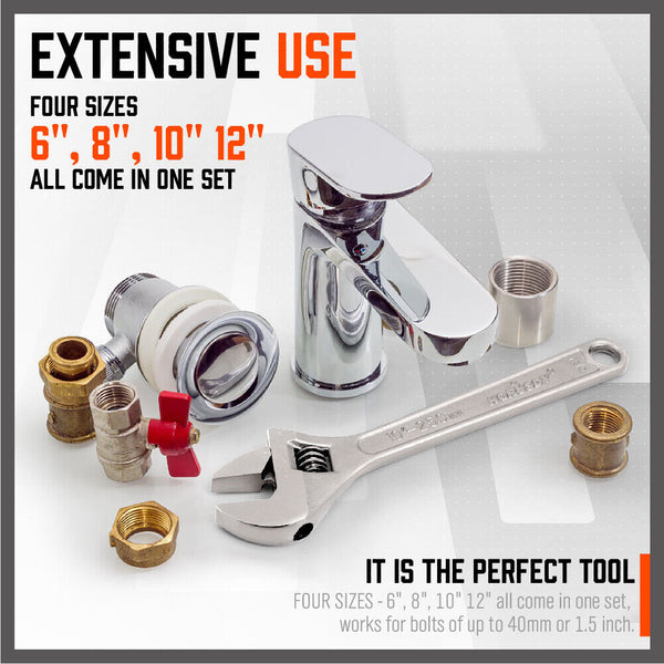 Horusdy 4Pc Wrench Set Heavy Duty Shifter Spanner Wide Open Jaw 6"/8"/10"/12" Wrench Sets