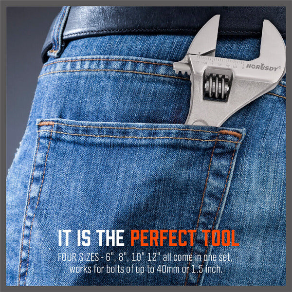 Horusdy 4Pc Wrench Set Heavy Duty Shifter Spanner Wide Open Jaw 6"/8"/10"/12" Wrench Sets