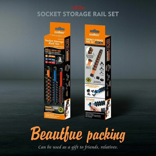 Horusdy 3Pc Double Side Sockets Holder Tool Organizer Rails Workshop Rack 1/4" 3/8" 1/2" Other Tool Storage