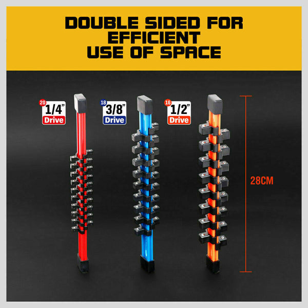 Horusdy 3Pc Double Side Sockets Holder Tool Organizer Rails Workshop Rack 1/4" 3/8" 1/2" Other Tool Storage
