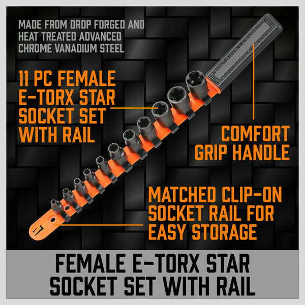 11Pc E-Torx Socket Set Female External Star Type E4-E20 3/8" 1/4" Dr. With Rail