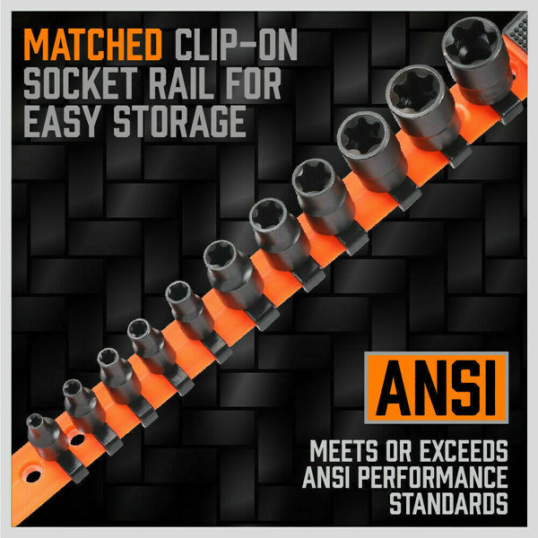 11Pc E Torx Socket Set Female External Star Type E4 E20 3/8" 1/4" Dr. With Rail Socket Wrenches