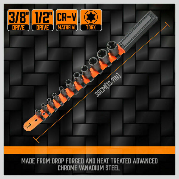 11Pc E Torx Socket Set Female External Star Type E4 E20 3/8" 1/4" Dr. With Rail Socket Wrenches