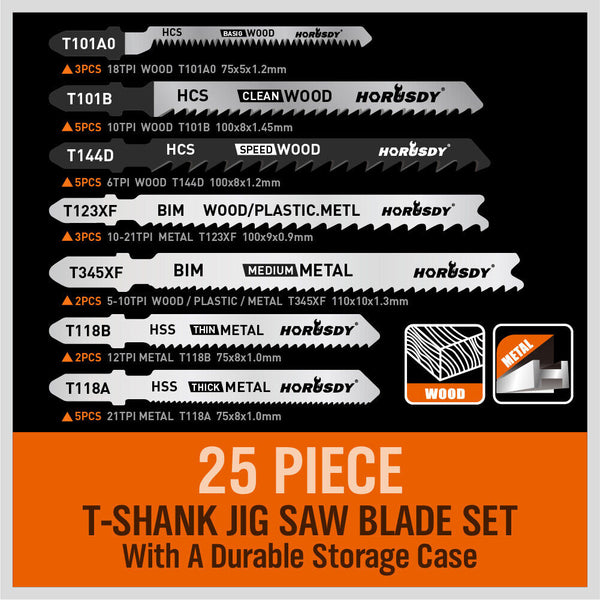 Horusdy 25Pc T Shank Jig Saw Blades Set For Wood Plastic Metal Sheet Cutting Bim Hcs Other Saw Blades