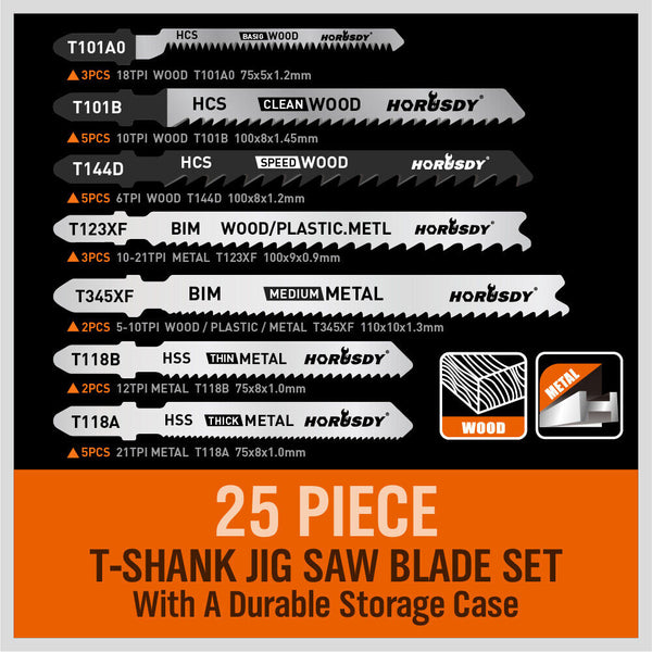 25Pc T-Shank Jig Saw Blades Set For Wood Plastic Metal Sheet Cutting Bim Hcs