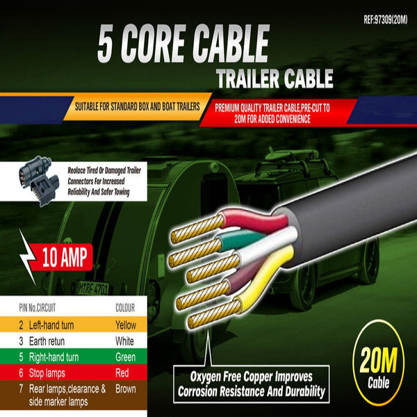 20M X 5 Core Wire Cable Trailer Automotive Boat Caravan Truck Coil V90 Pvc
