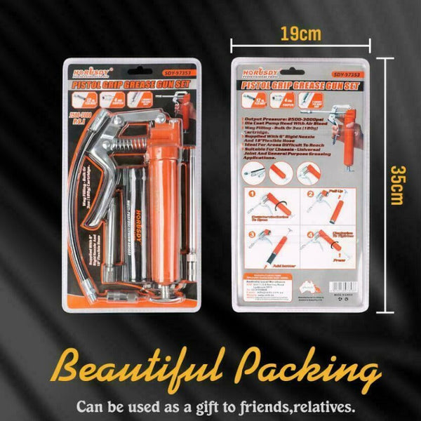 Horusdy 2 Way Mini Grease Gun Manual Pistol Grip With 3Oz Cartridge Flexi Hose & Coupler Grease Guns