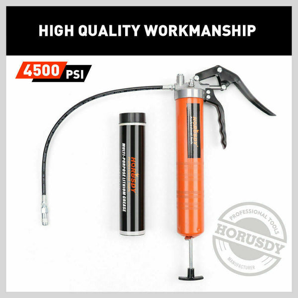 Horusdy 18'' Manual Pistol Grip Grease Gun Flow Pressure 4500Psi Flexi Hose & Coupler Grease Guns
