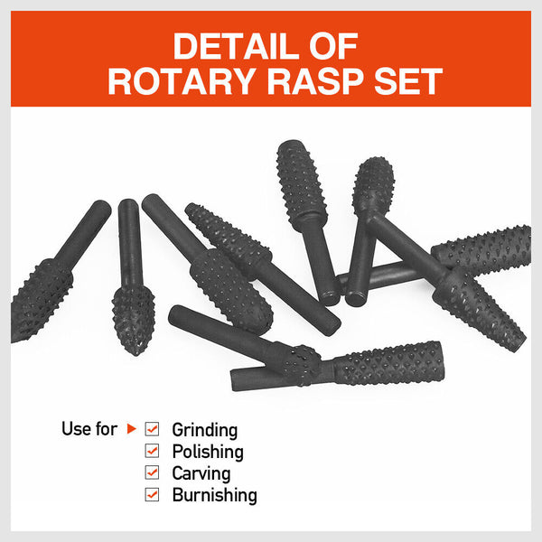 10Pc Rotary Bits Set Router Drill Burr Wood Rasp File Timber