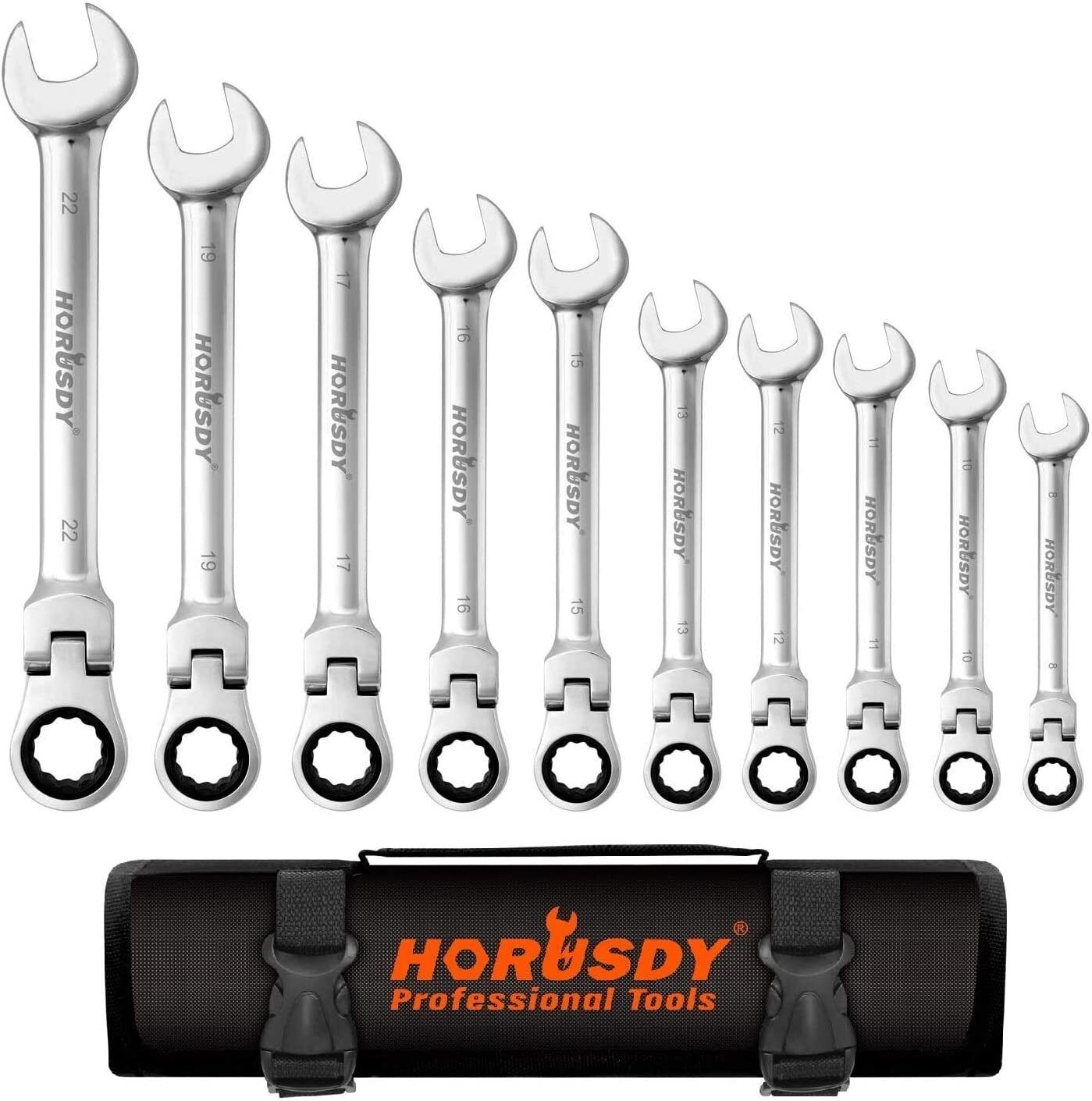 Horusdy 10Pc Flexible Head Ratchet Spanner Set Metric Wrench Crv With Carry Pouch 8 22Mm Wrench Sets