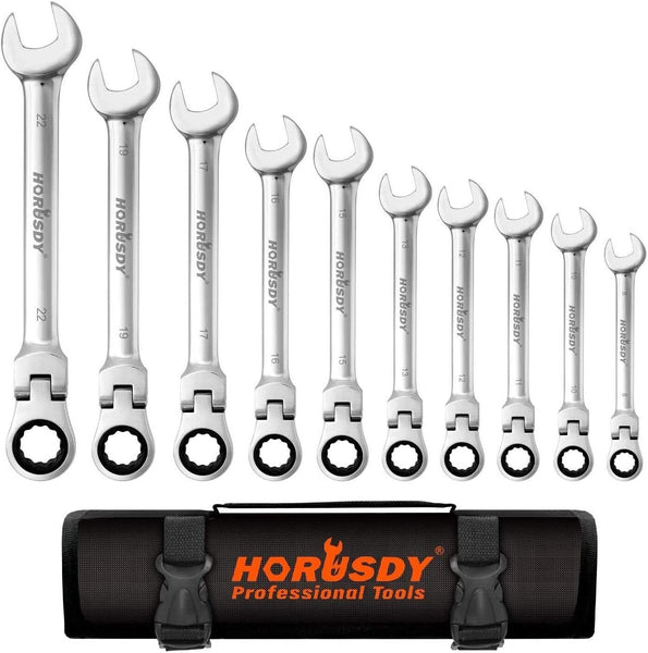 Horusdy 10Pc Flexible Head Ratchet Spanner Set Metric Wrench Crv With Carry Pouch 8 22Mm Wrench Sets