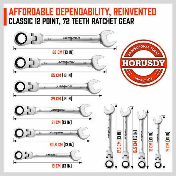 Horusdy 10Pc Flexible Head Ratchet Spanner Set Metric Wrench Crv With Carry Pouch 8 22Mm Wrench Sets