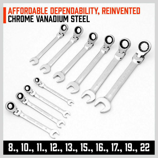 Horusdy 10Pc Flexible Head Ratchet Spanner Set Metric Wrench Crv With Carry Pouch 8 22Mm Wrench Sets
