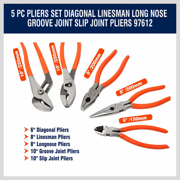 Horusdy 5Pc Set Diagonal Linesman Long Nose Groove Joint Slip Pliers