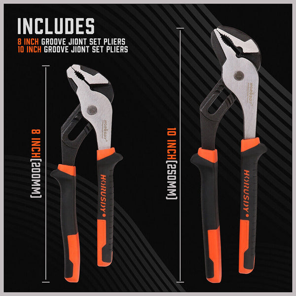 Horusdy 2Pc Groove Joint 8 & 10 Inch Multi Grip Non Slip Heavy Duty Pipe Wrench Pliers