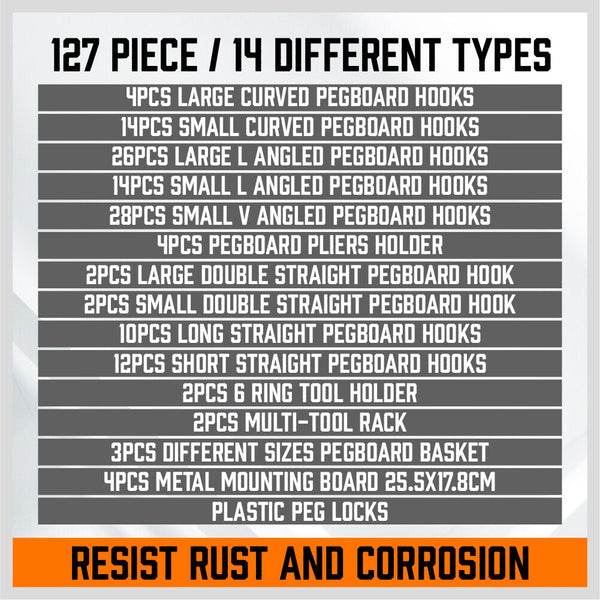 Horusdy 127Pc Pegboard Hooks Set Storage Baskets Organizer Hanger Inc. 4 Small Board Other Tool Storage