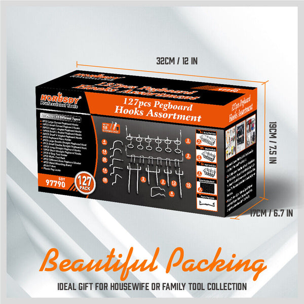 Horusdy 127Pc Pegboard Hooks Set Storage Baskets Organizer Hanger Inc. 4 Small Board Other Tool Storage