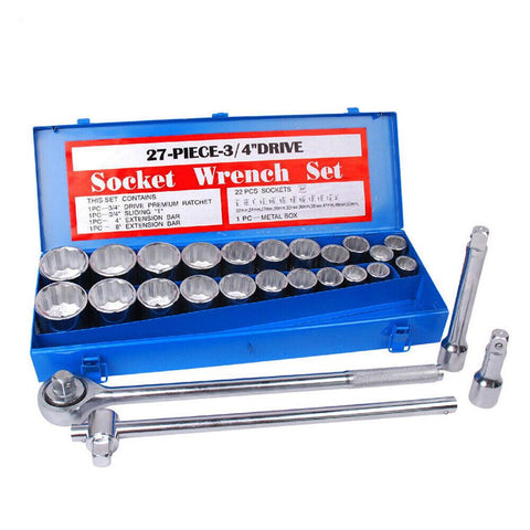 27Pc Heavy Duty Socket Wrench Set 3/4" Drive Metric & Imperial Extension Case