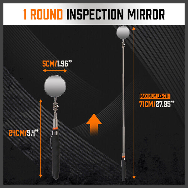 3Pc Magnetic Pick Up Tool & Swivel Inspection Mirror Telescoping Rod Heavy Duty