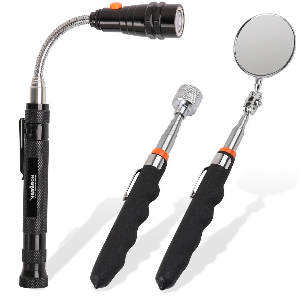Horusdy 3Pc Magnetic Pick Up Tool Swivel Inspection Mirror Flexible Telescope Led Light Other Hand Tools